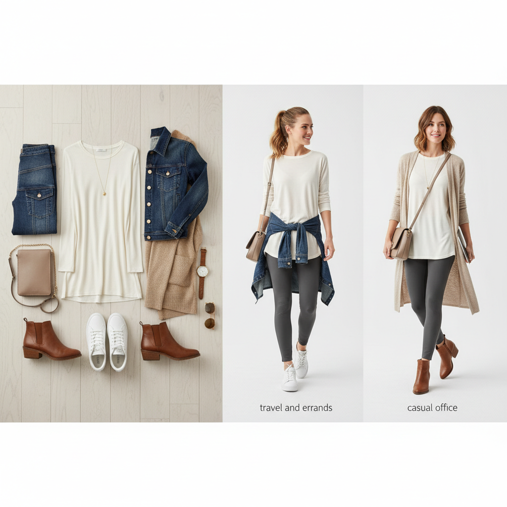Leggings-friendly tunic top outfits for travel, errands, and casual office