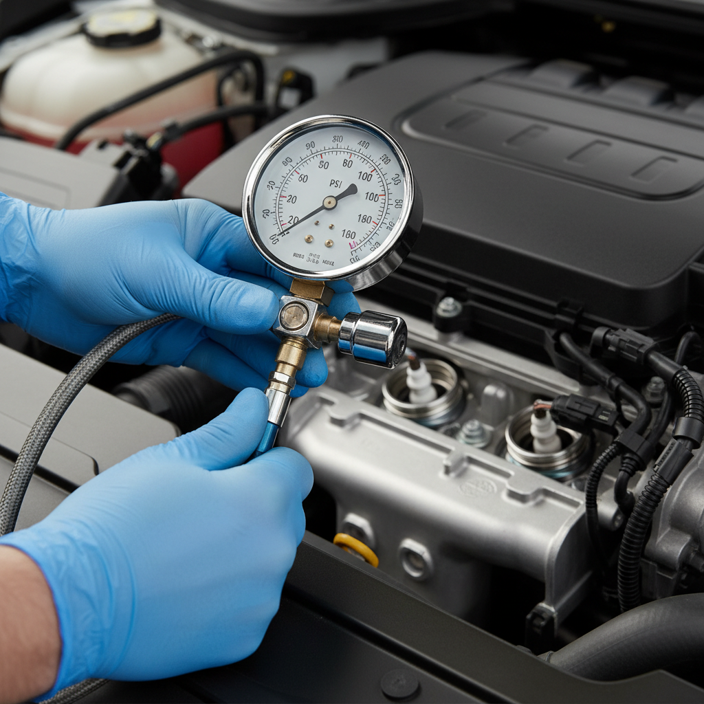 Compression test gauge showing PSI on a gasoline engine