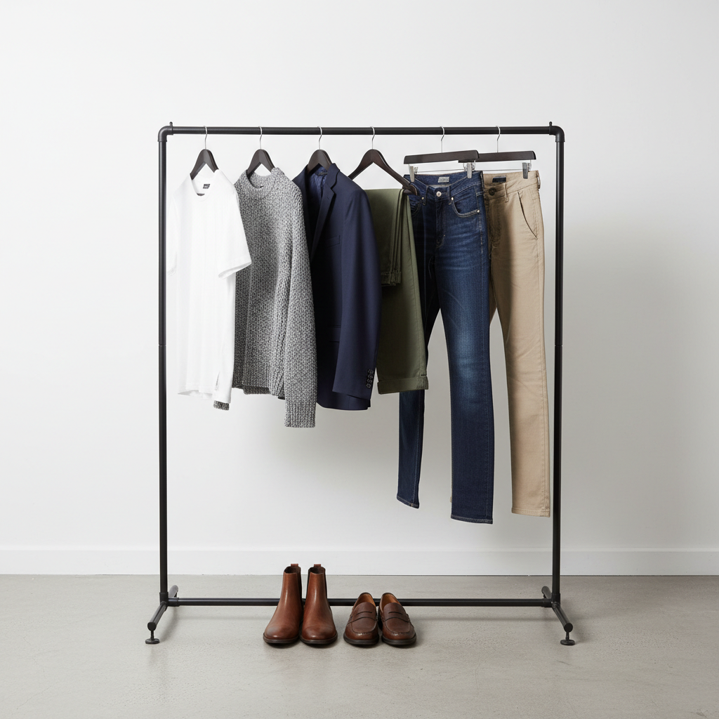 Neutral men wardrobe essentials on hangers with a simple color palette