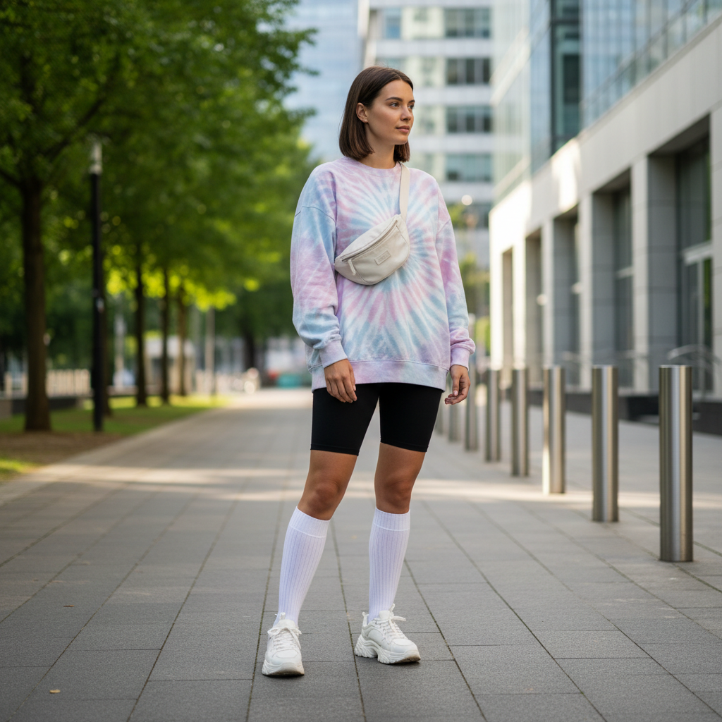 Tie dye sweatshirt outfit with biker shorts and sneakers for casual weekend style