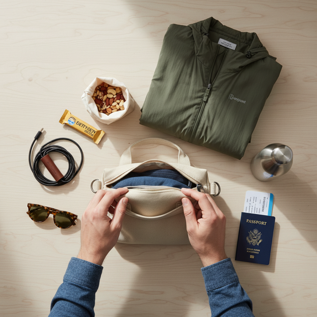 Traveler packing a ferry day bag with layers, chargers, snacks, and tickets