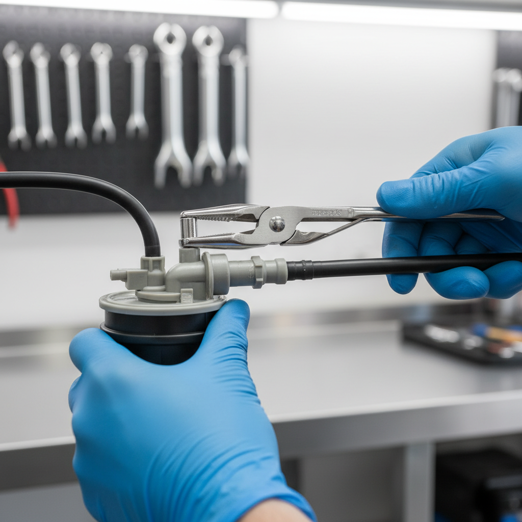 Close-up of proper hand positioning using fuel filter removal tool pliers and pulling fuel line straight