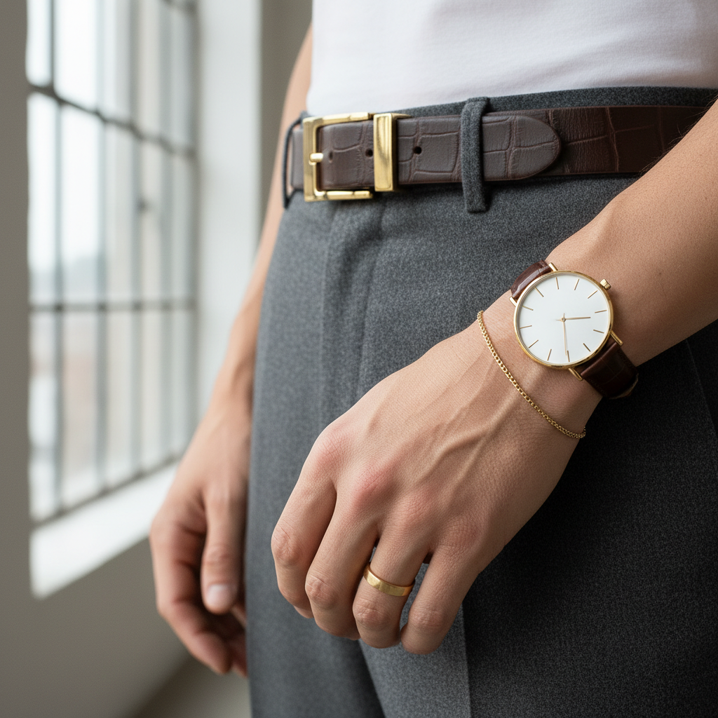 Close-up of belt buckle and accessory hardware coordination for belt styling outfits