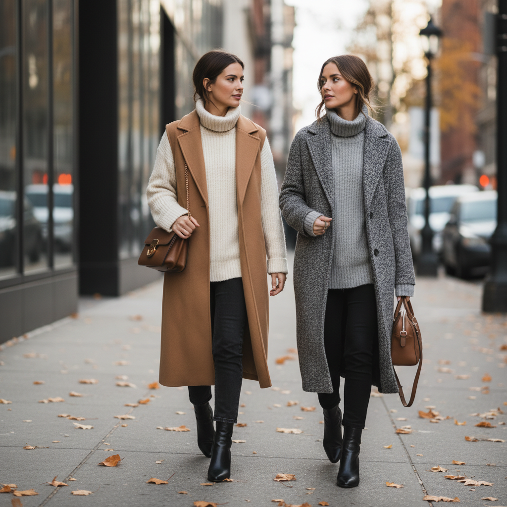 Women wearing turtleneck sweaters layered with coats for fall winter street style