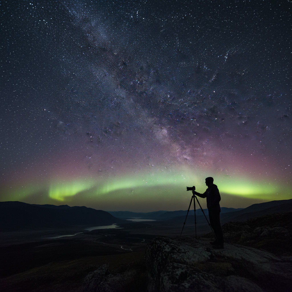 Traveler photographing the aurora australis from a dark-sky viewpoint