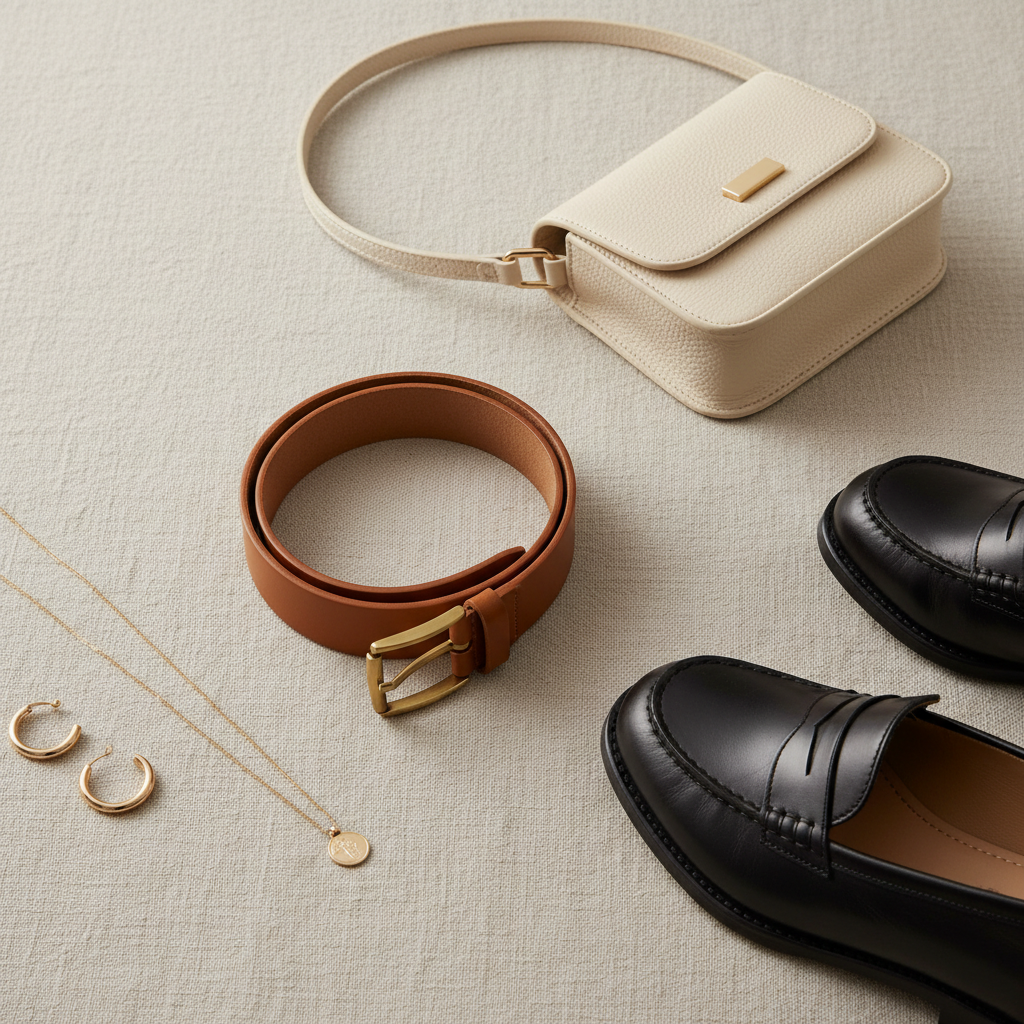 Close-up of accessories that elevate an effortless outfit: belt, gold hoops, loafers
