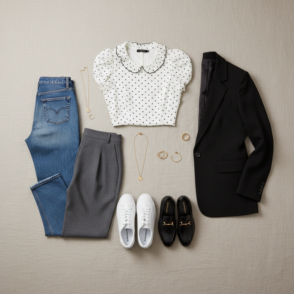 Modern capsule wardrobe pairing with a women polka dot top retro cute blouse