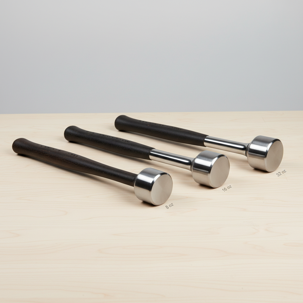 Different ball peen hammer weights and polished faces for metal work