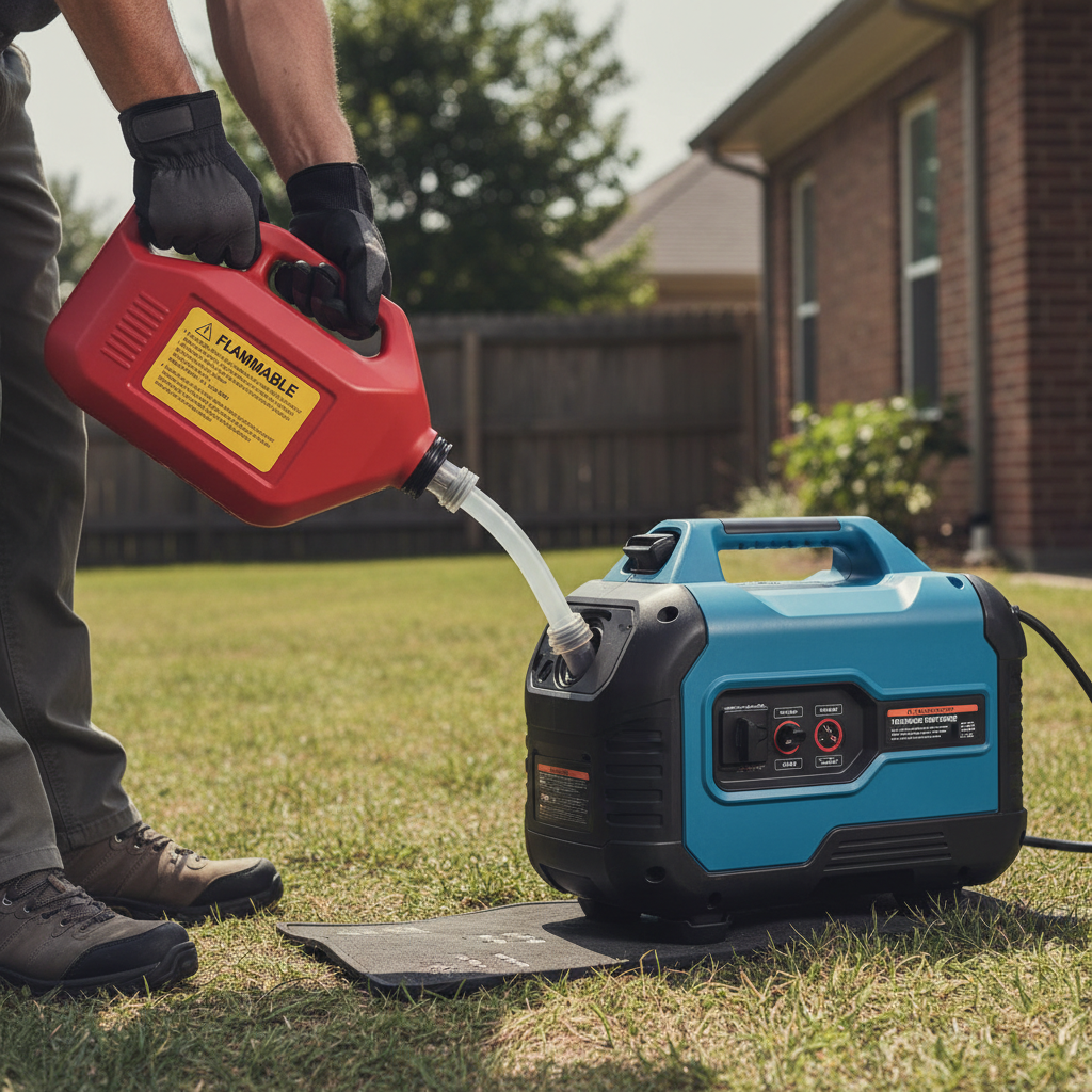 Safe fueling setup using a flexible fuel can nozzle with gloves and stable footing outdoors