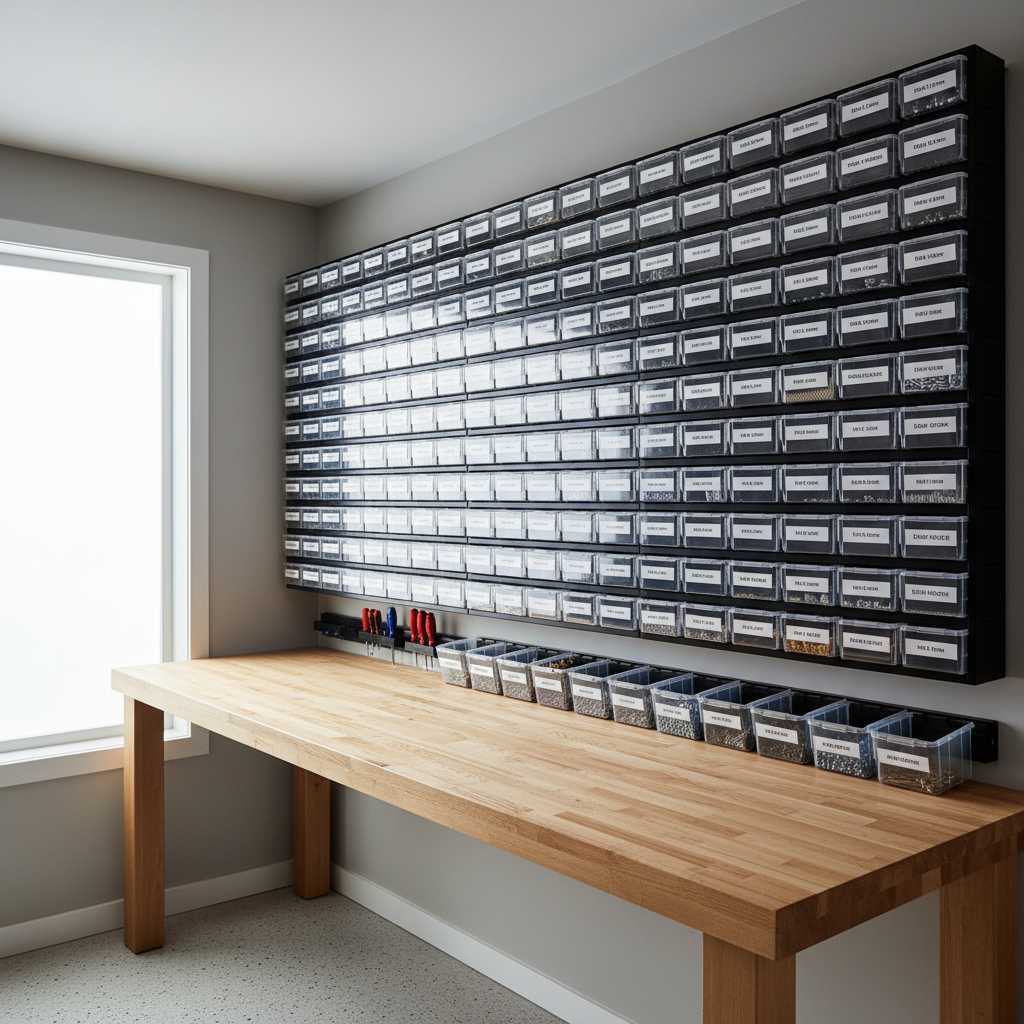 Wall-mounted screw organizer bins in a garage workshop