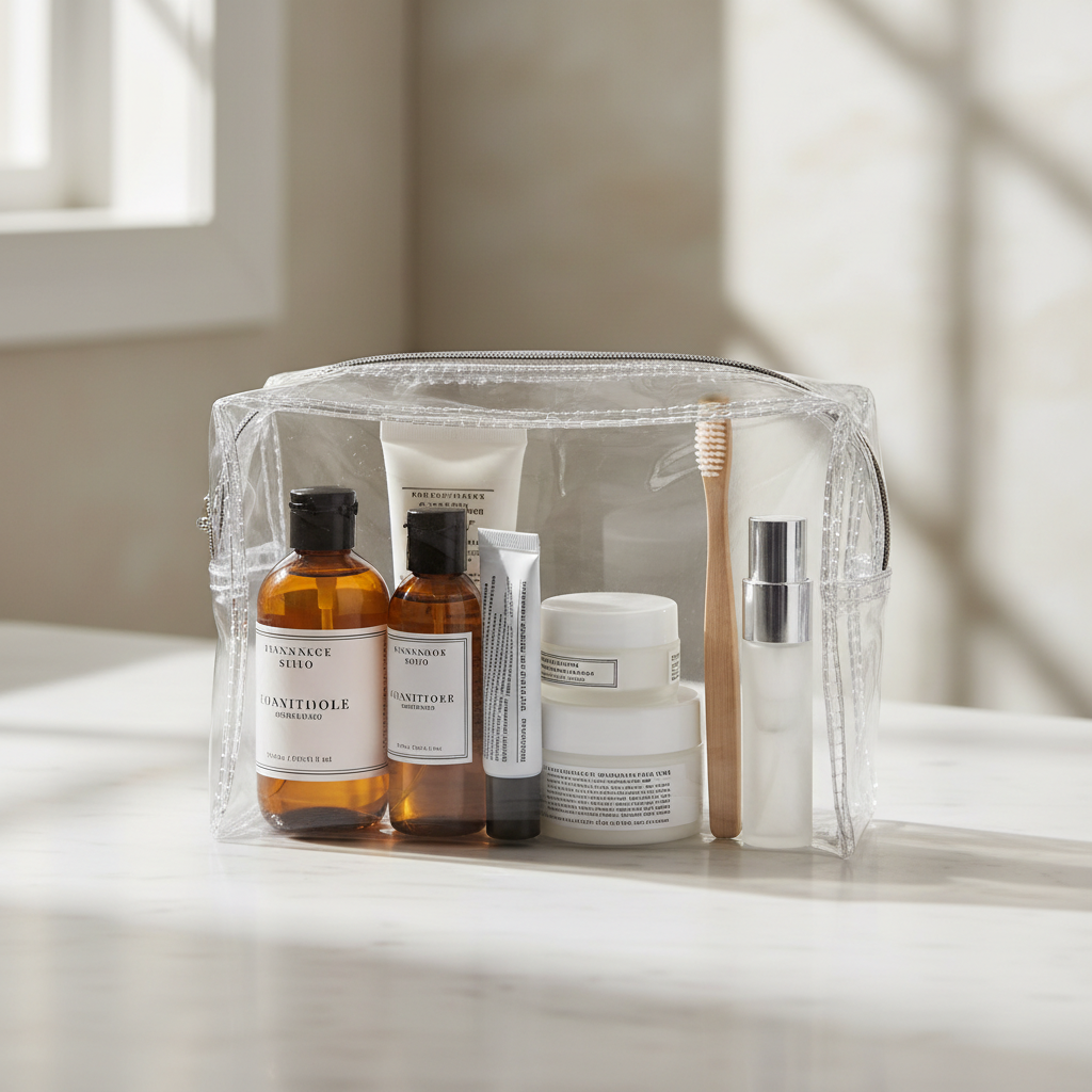TSA-compliant quart bag with travel perfume sample size and toiletries