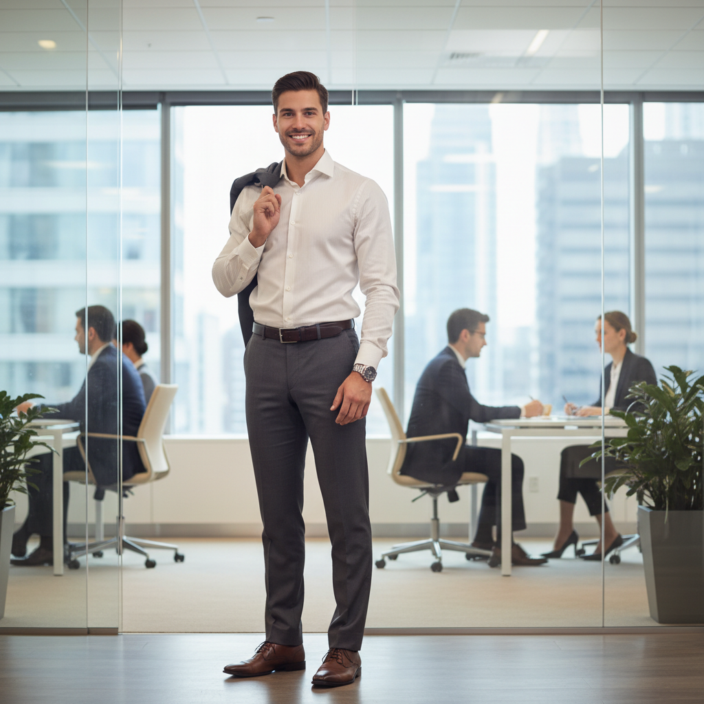 Slim fit dress shirt worn in a modern office setting