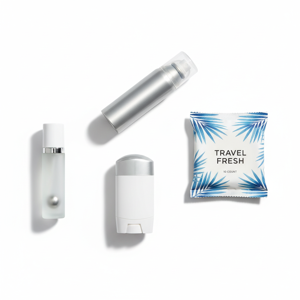Different travel deodorant mini size formats: stick, roll-on, wipes