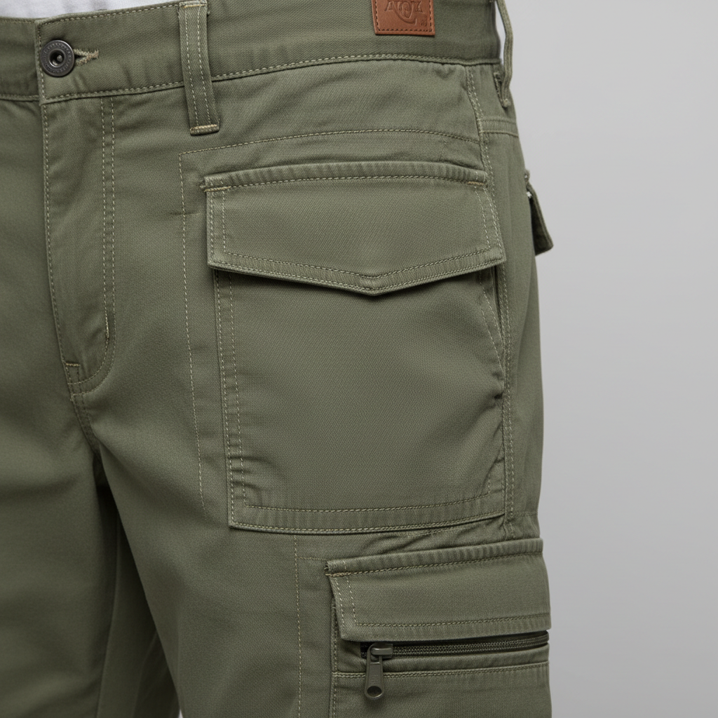 Close-up of cargo shorts pocket construction with secure closure