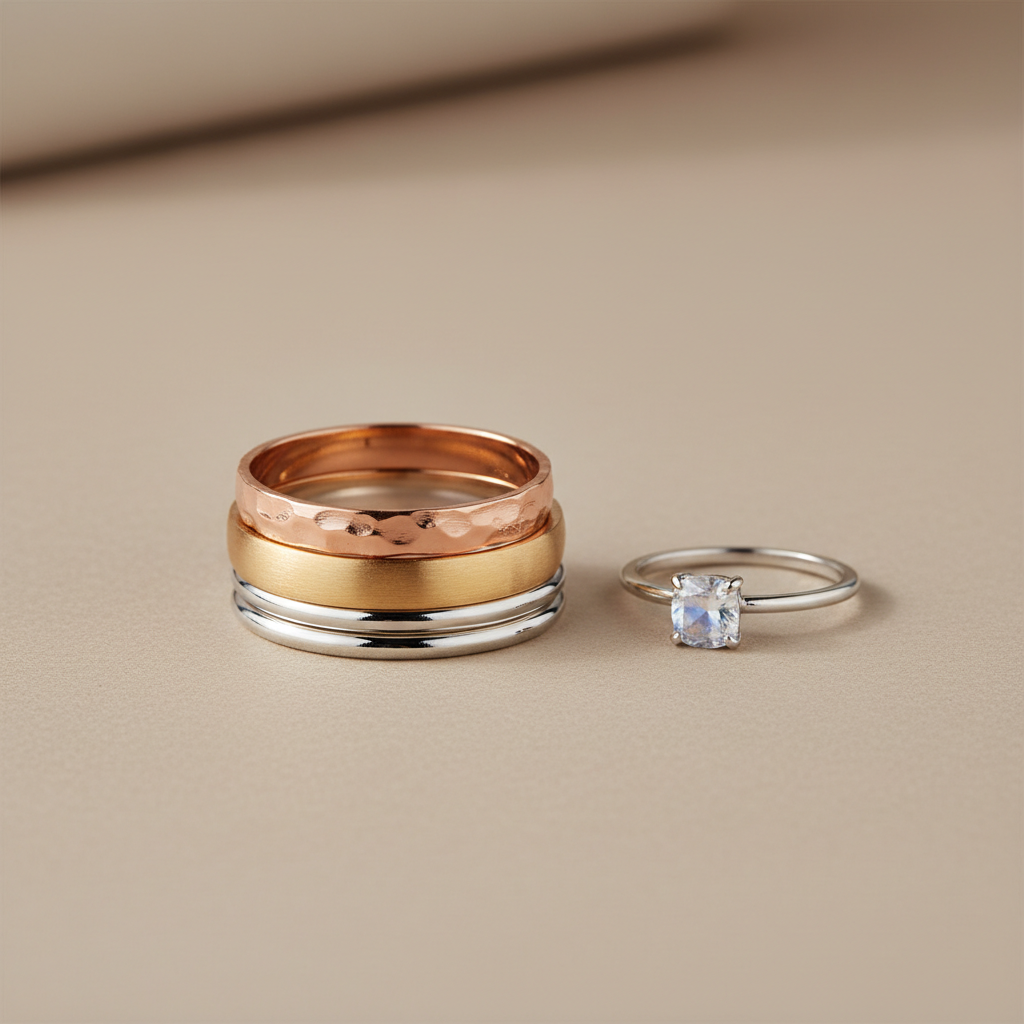 Tabletop layout of stackable rings showing different band widths and textures