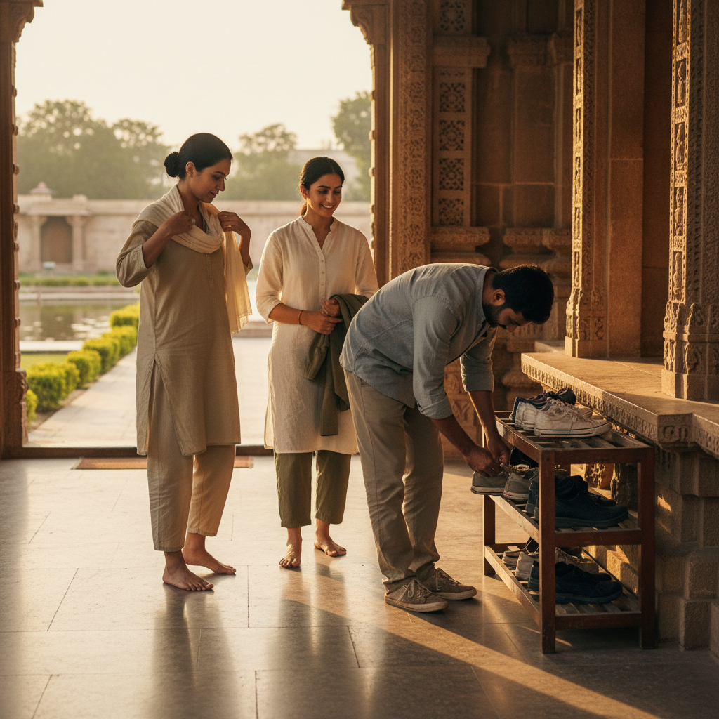 Travelers checking clothing and footwear before entering a temple