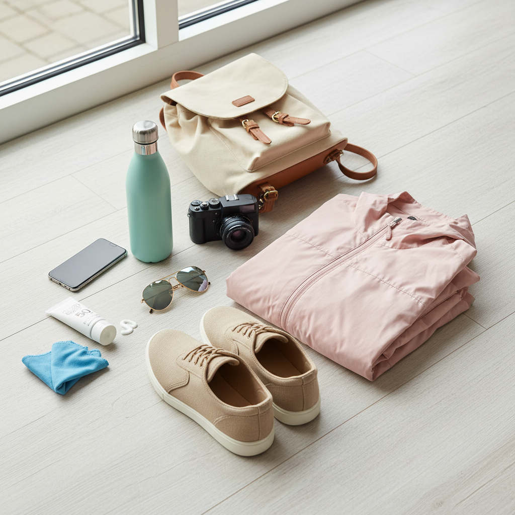 Flat lay of flower festival essentials including hat sunscreen and camera