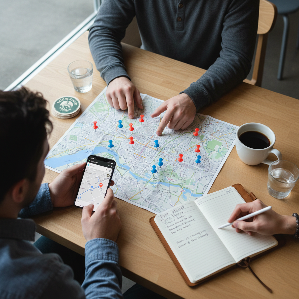 Map-based itinerary planning for a brewery tour travel guide with clustered brewery pins