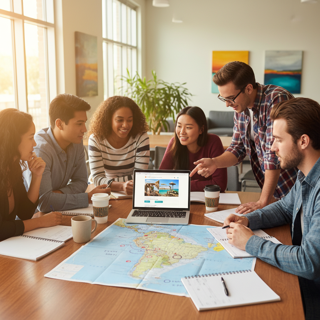 College students planning spring break travel on a budget with map and laptop