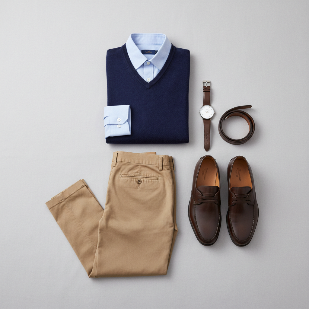 Men dressy casual V neck sweater outfit flat lay with chinos and loafers