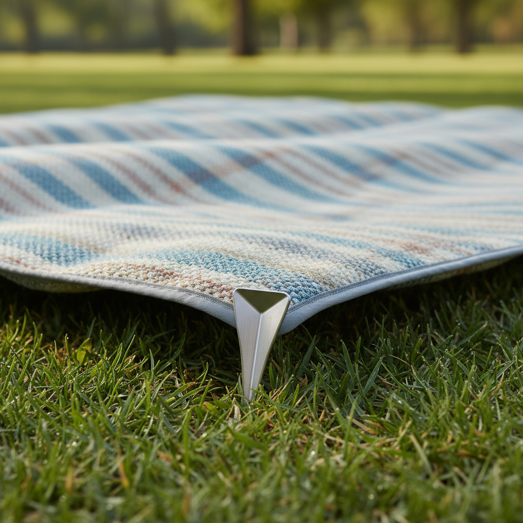 Outdoor picnic blanket corner stake keeping blanket flat on windy day in a park