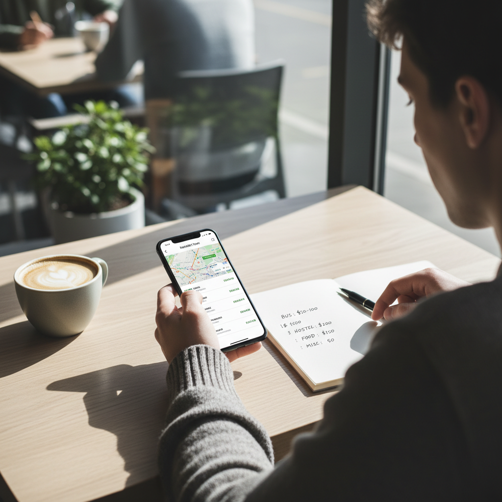 Budget bus travel planning with map, phone, and fare comparison