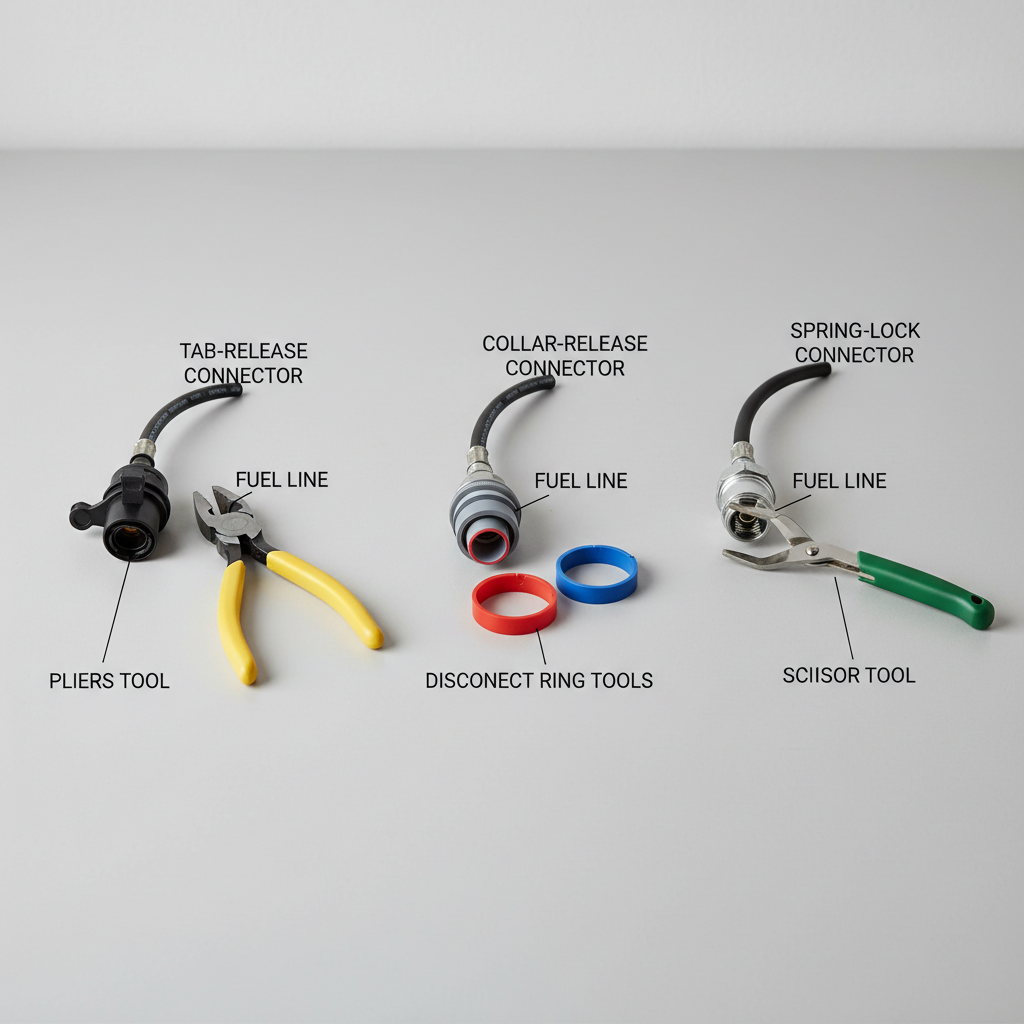 Different fuel line quick-connect styles and matching disconnect tools comparison