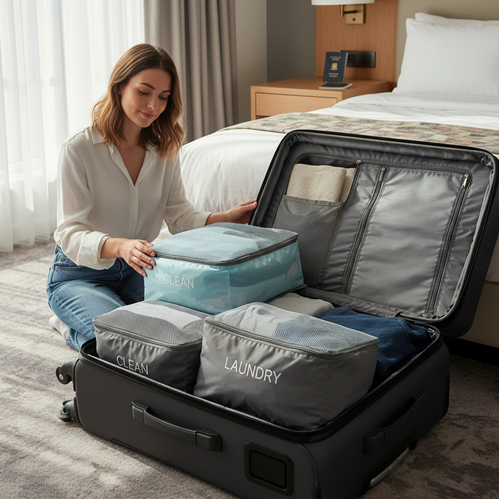 Traveler using packing cubes in a hotel room to separate clean and dirty clothes