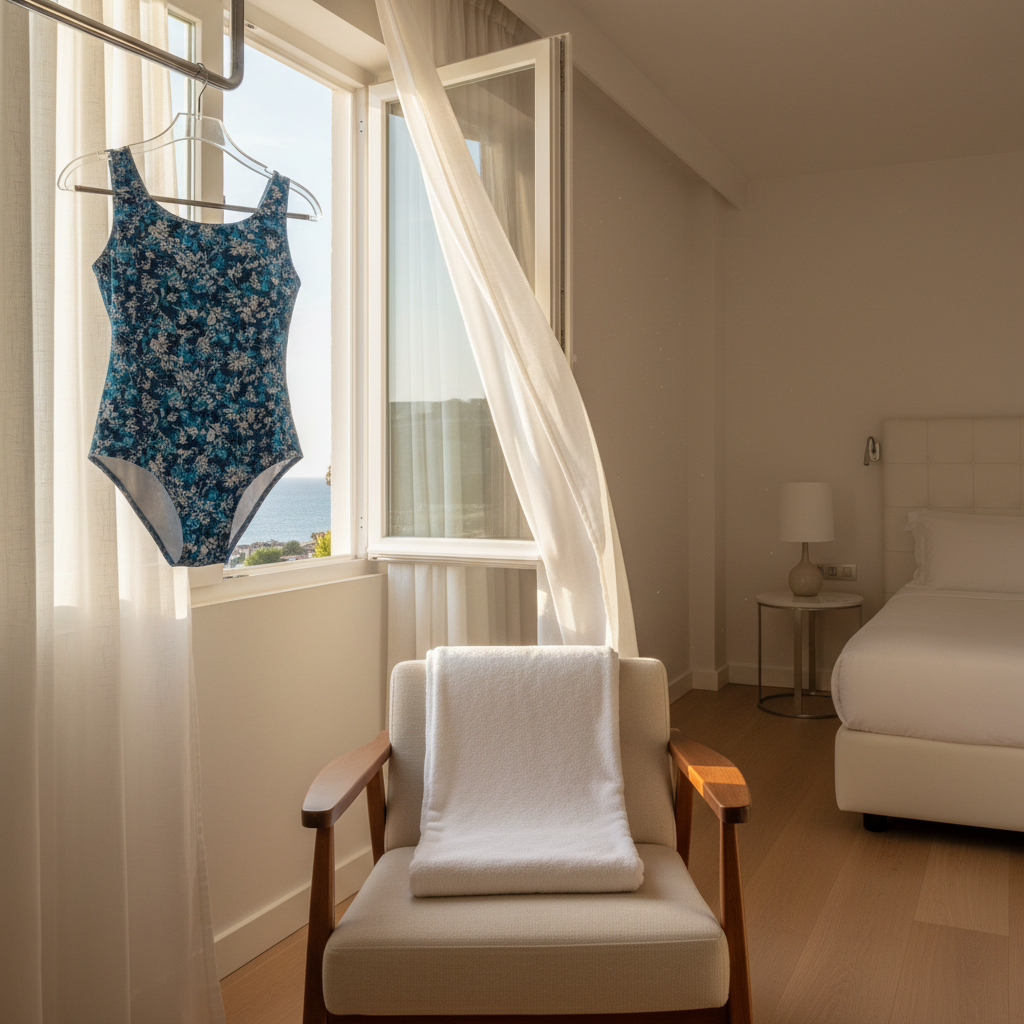 Hotel bathroom setup for drying a quick-dry travel swimsuit with airflow