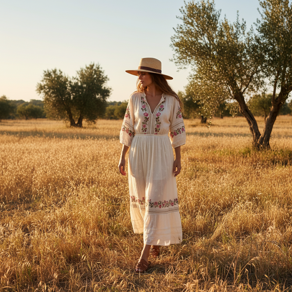 Boho maxi dress summer look with straw hat and sandals