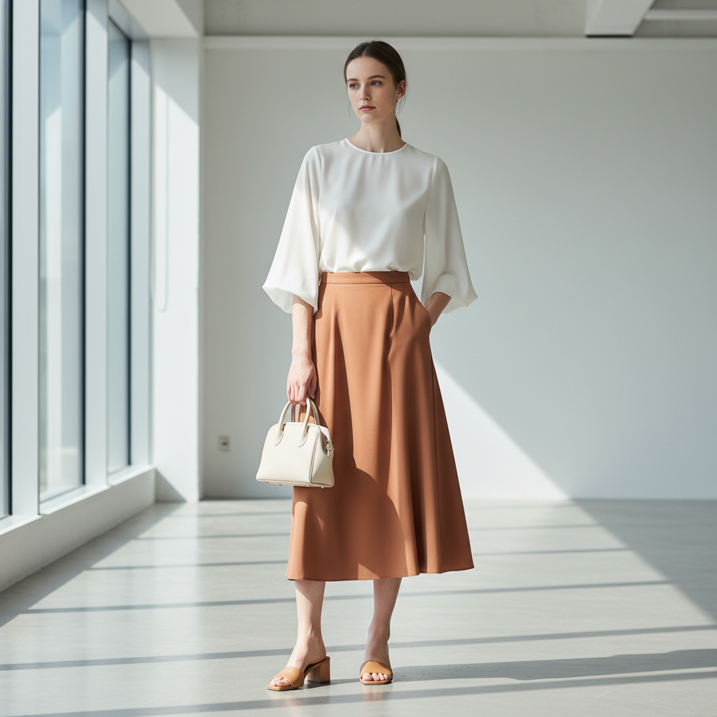 Chiffon blouse styled with a midi skirt and minimal accessories for a light polished look