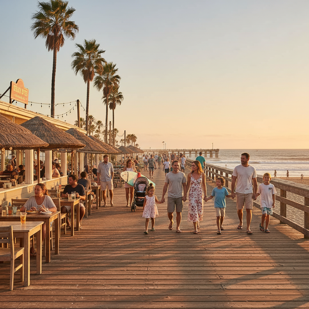 Affordable beach destination with boardwalk, casual cafes, and sunset