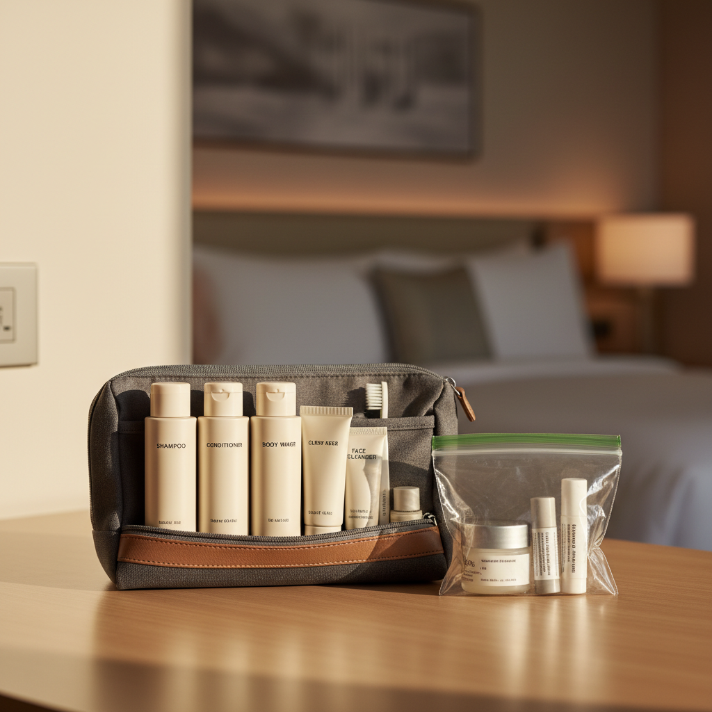 Organized carry-on toiletry pouch with labeled travel bottles