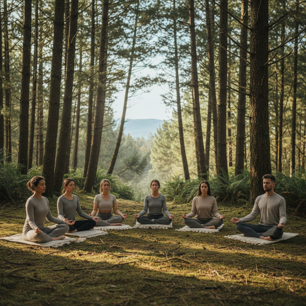 Meditation retreat group practicing outdoors in nature