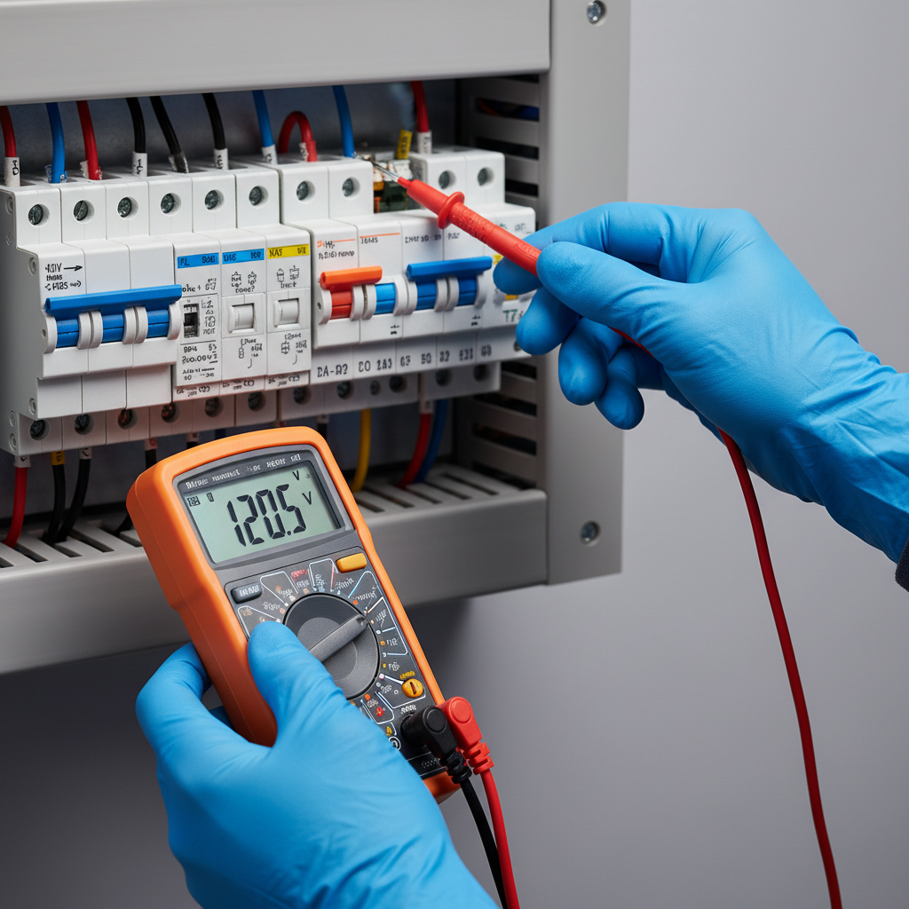 Technician using multimeter probes safely with finger guards and proper hand placement