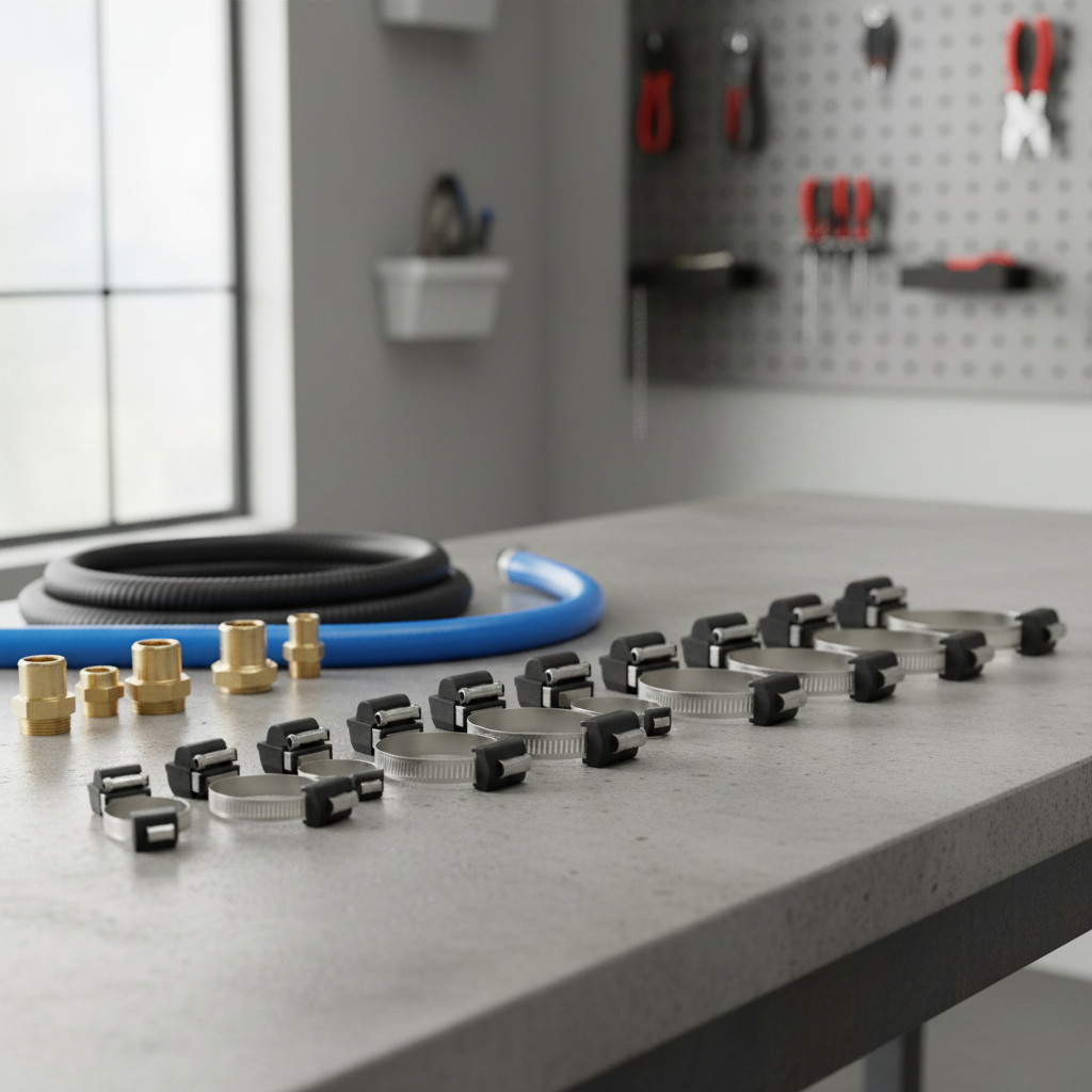 Metal and plastic hose clamp set on a workbench with different hose sizes