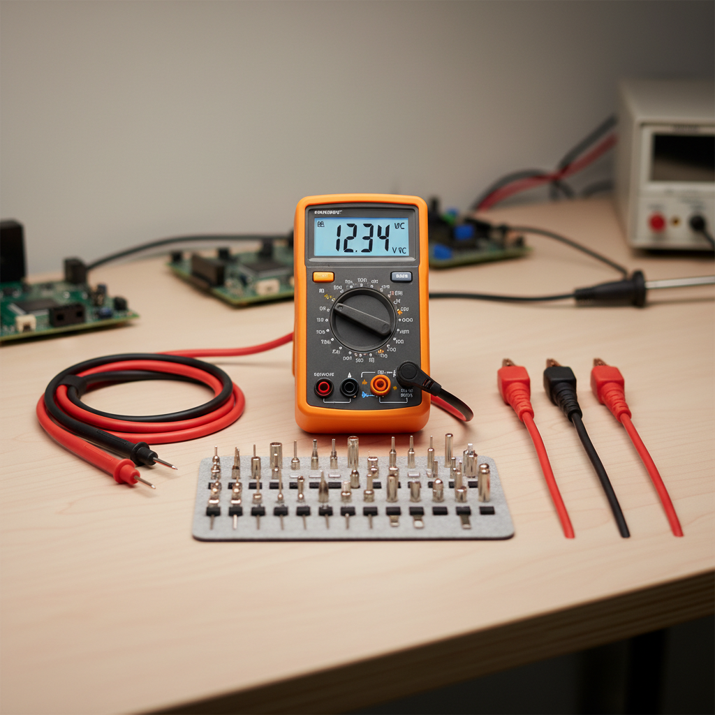 Digital multimeter with interchangeable test leads and probe tips on a workbench