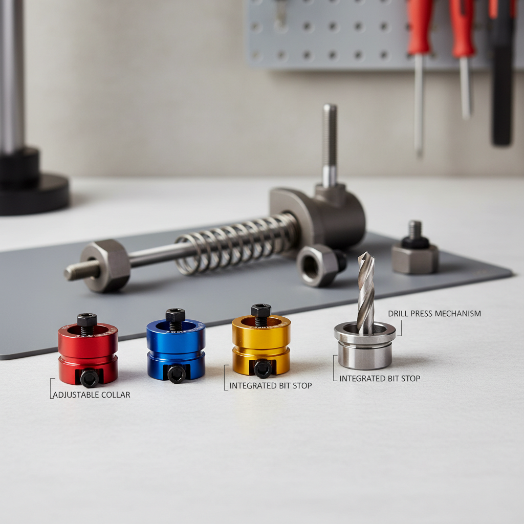Different drill depth stop types including stop collar and stop attachment on drill press