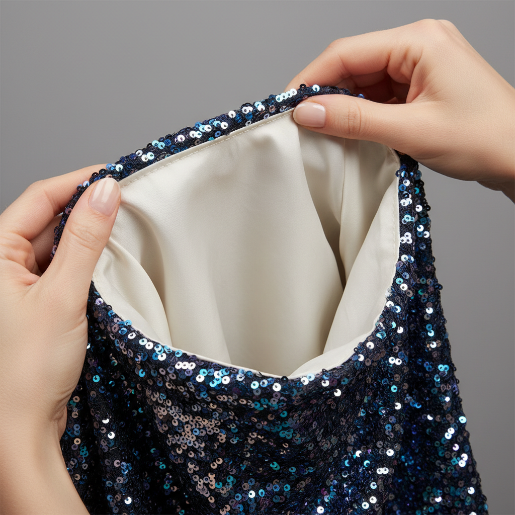Close-up of sequin fabric lining and smooth inner backing for comfort
