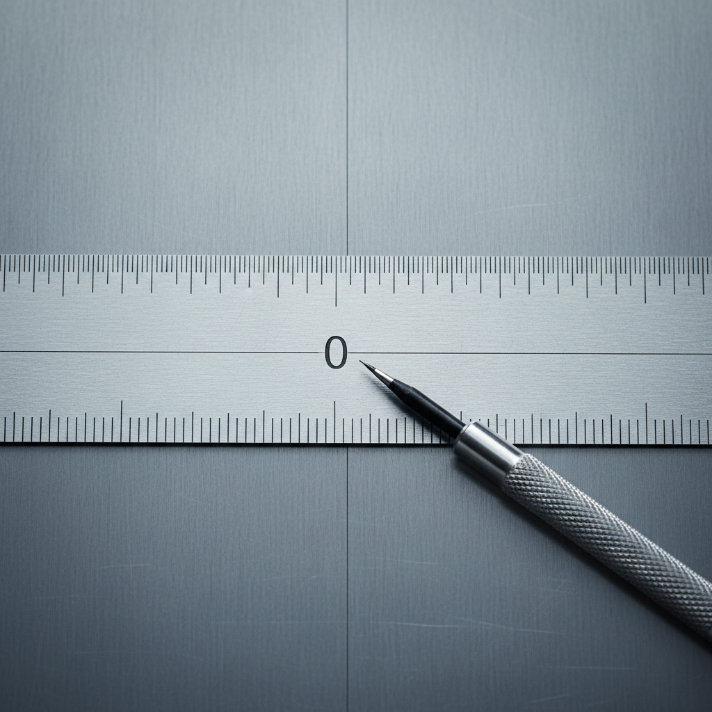 Close-up of a center rule measuring tool aligned to a scribed centerline for mirrored marks