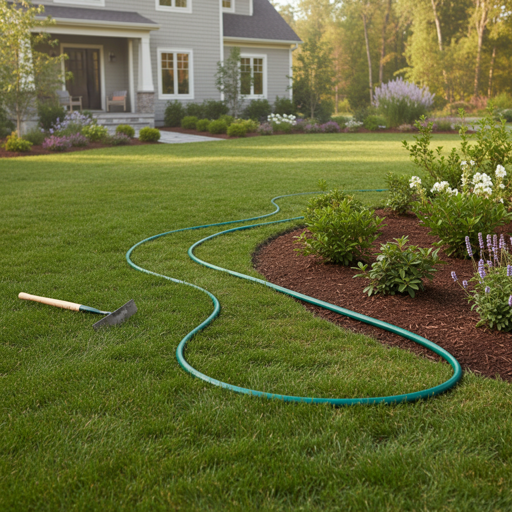 Border layout using a garden hose guide line before edging with a flat spade