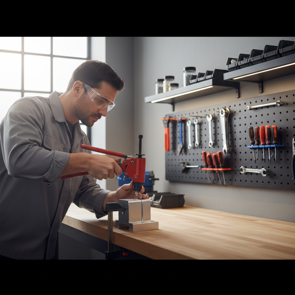 Technician using a manual rivet gun with proper eye protection in a workshop