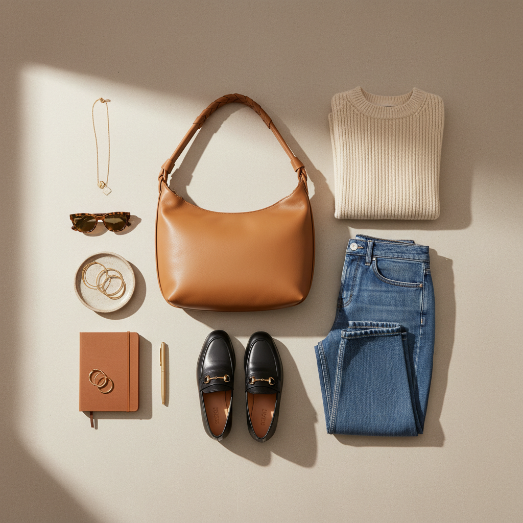 Flat lay casual styling: hobo bag with jeans, knit top, and loafers