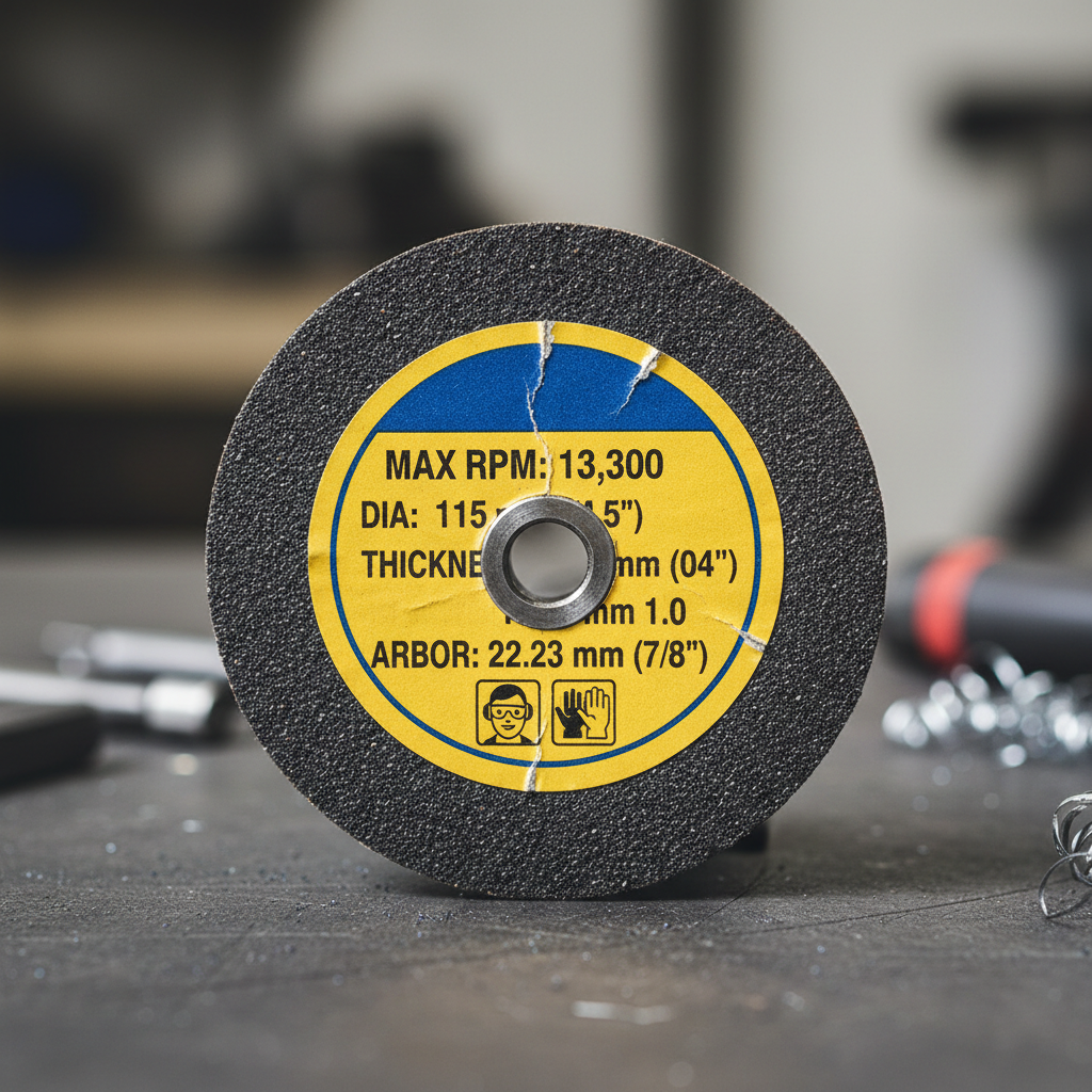 Close-up of thin cut off wheel label showing max RPM and size specs