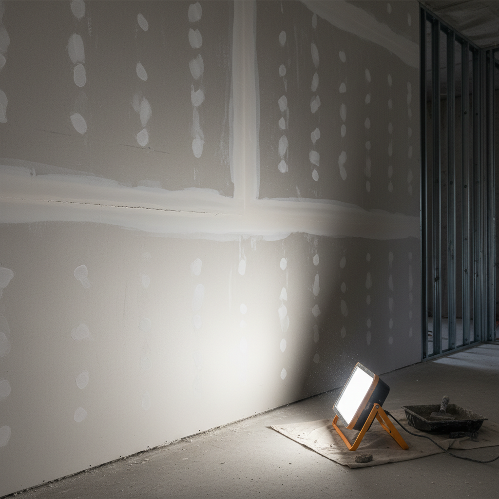 Side lighting on a drywall wall showing ridges before sanding and smoothing