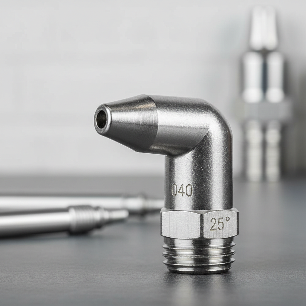 Close-up of pressure washer nozzle tip with etched size marking and quick connect