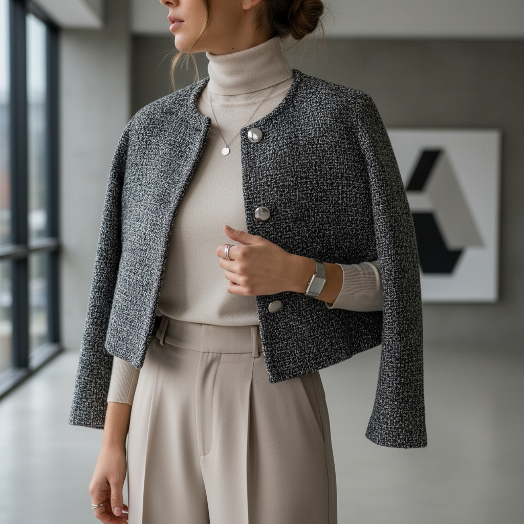 Close-up of cropped jacket layering with a neutral base outfit