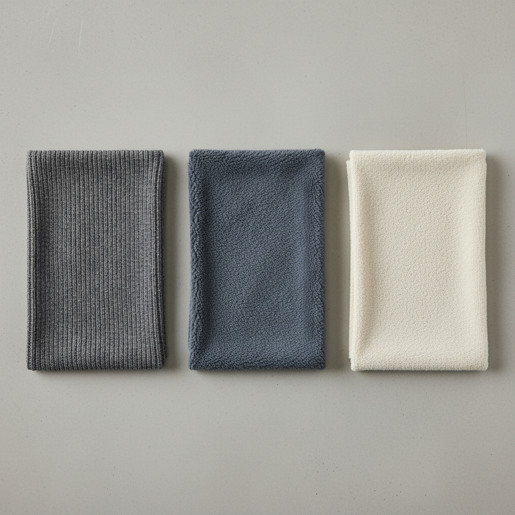 Close-up of quarter zip pullover fabrics including merino knit, fleece, and French terry textures