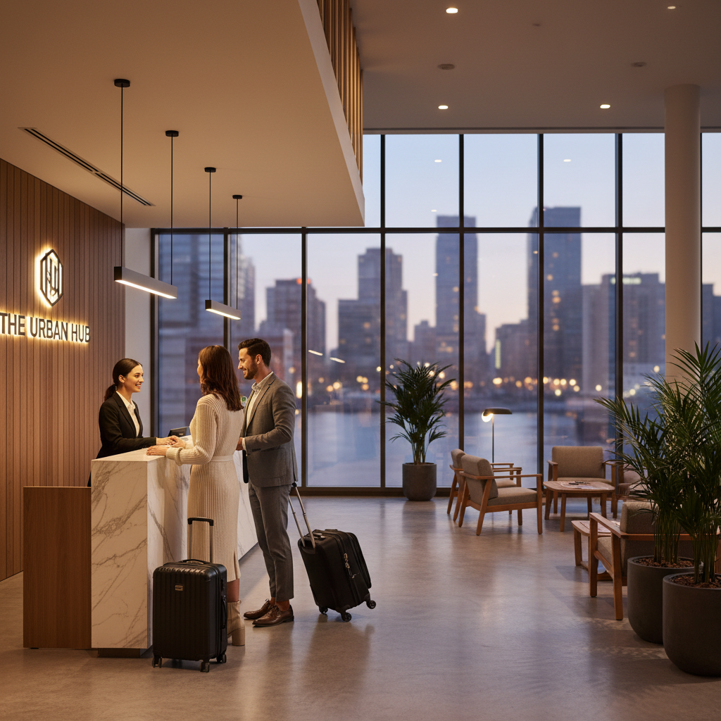Travelers checking into a centrally located city hotel near attractions