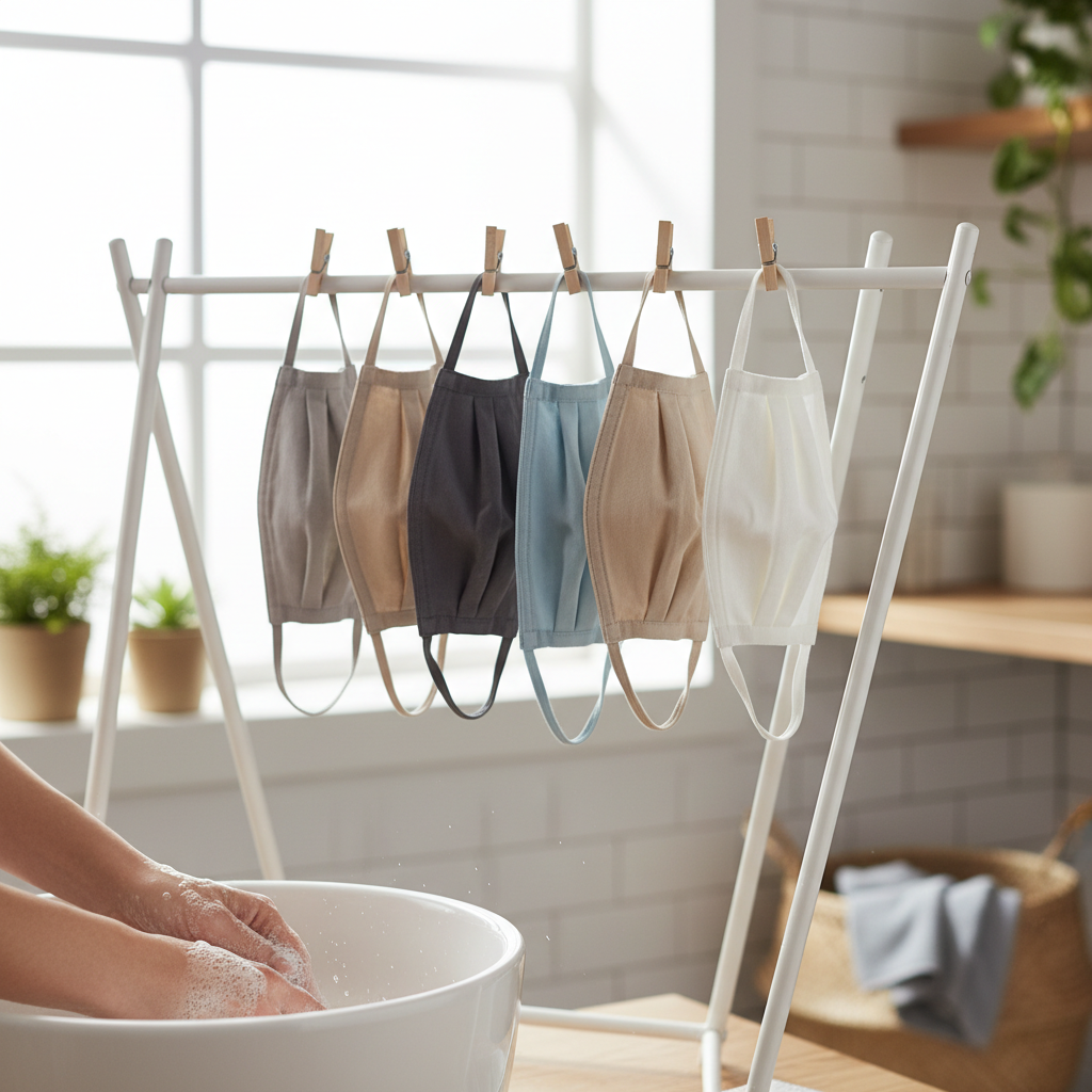 Reusable cloth face mask care: gentle washing and air drying on a clean rack
